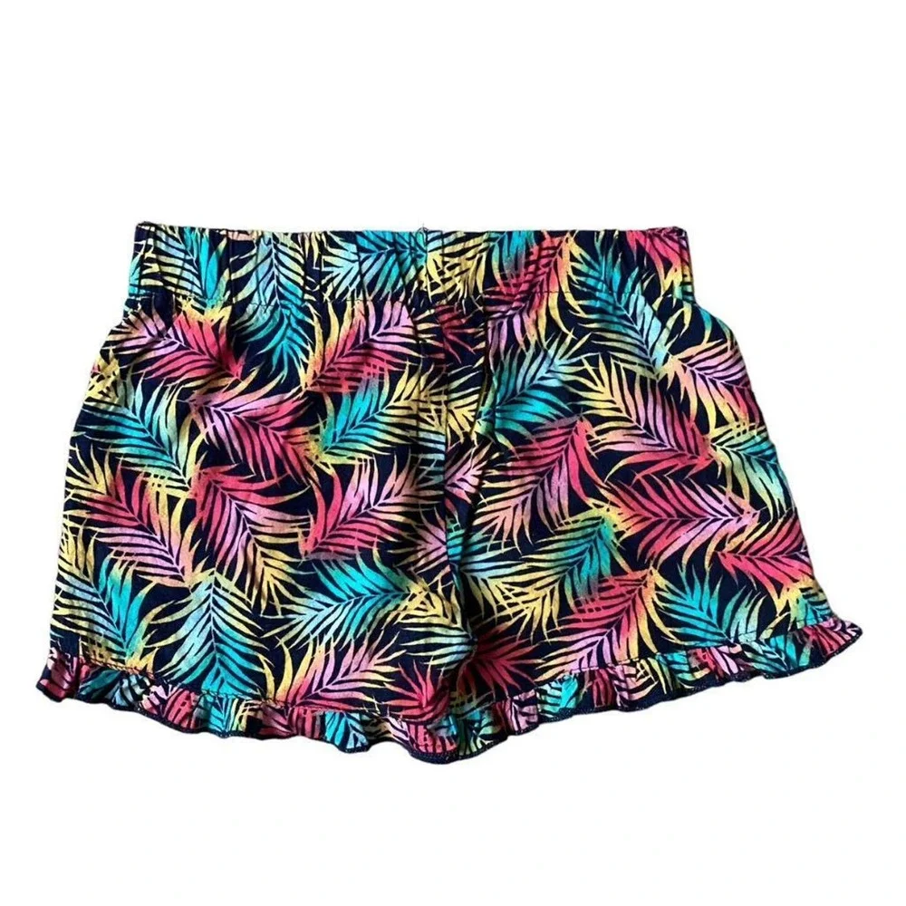 Girls Medium 7-8 Bright Rainbow Palm Leaves Ruffle Stretch Summer Shorts Fun